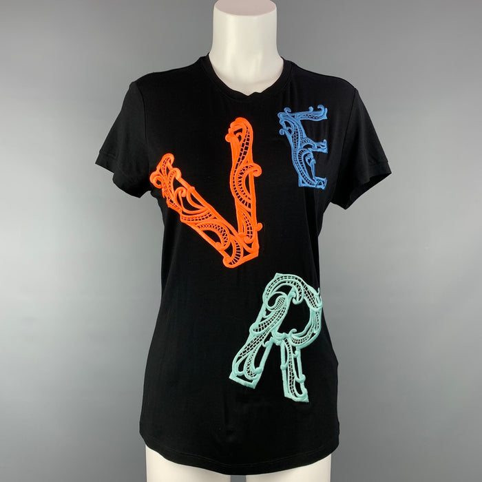 VERSACE Size 8 Black Embroidered Viscose Crew-Neck T-shirt