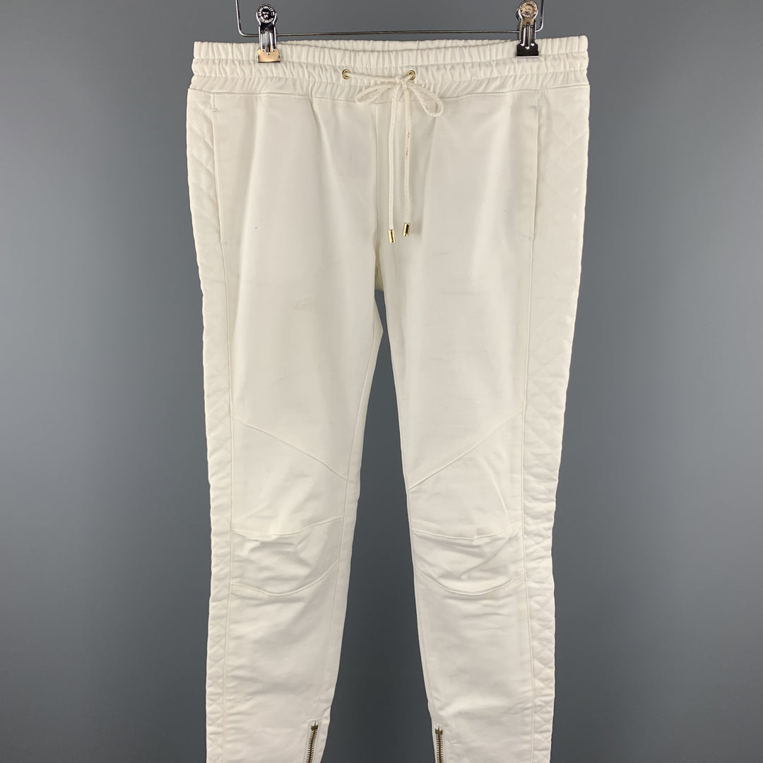 PIERRE BALMAIN Size 27 Cream Quilted Cotton Drawstring Casual Pants