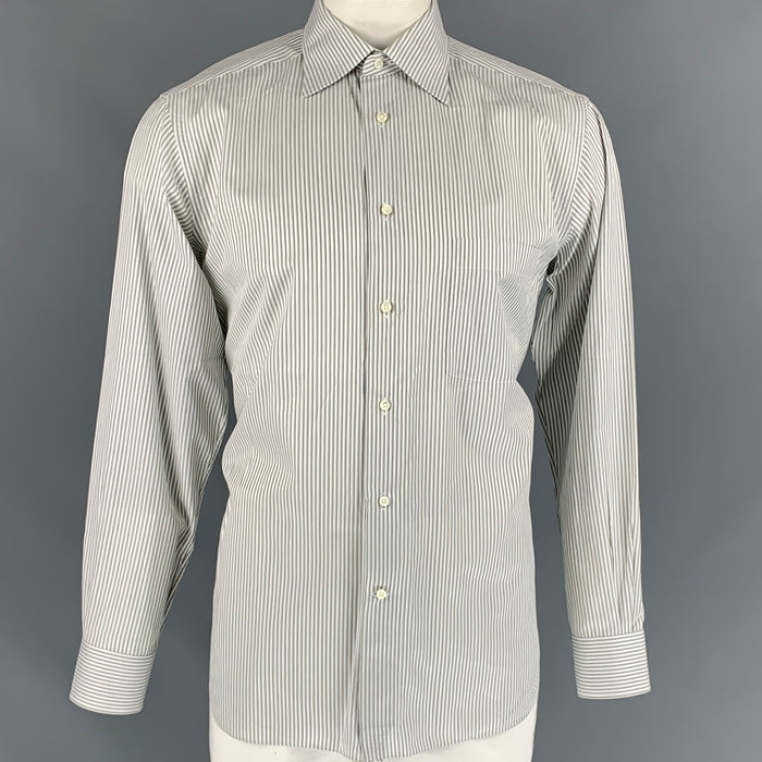 ERMENEGILDO ZEGNA Size L White Stripe Cotton Button Down Long Sleeve Shirt