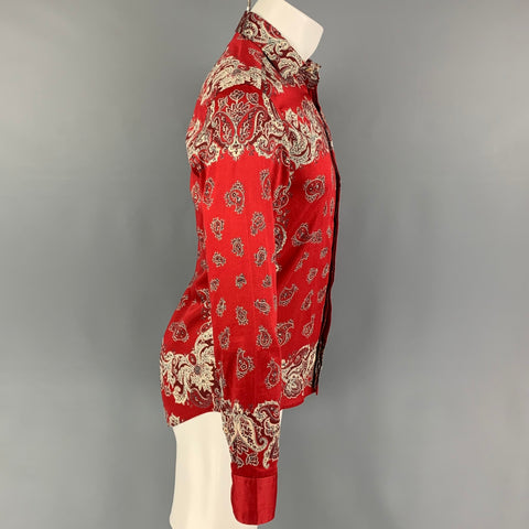 ETRO Size S Red Cream Paisley Cotton Hidden Placket Long Sleeve Shirt