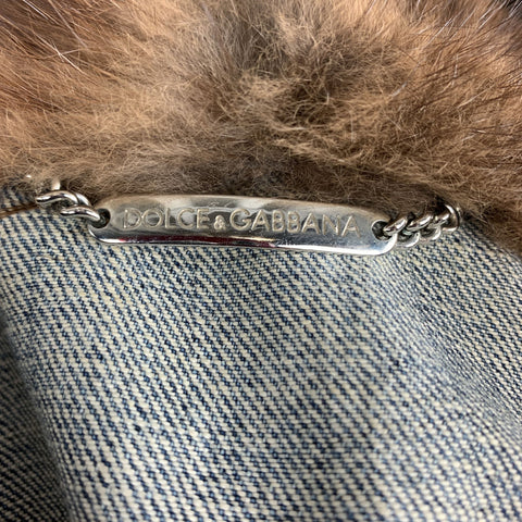 DOLCE & GABBANA Size 10 Blue Denim Fur Collar Trucker Jacket