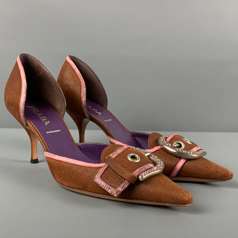 Zapatos de tacón con punta en punta de cuero rosa marrón PRADA talla 6