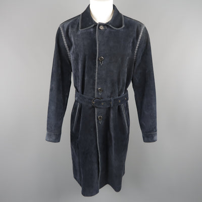 SALVATORE FERRAGAMO 40 Navy Suede Whipstitched Trench Coat