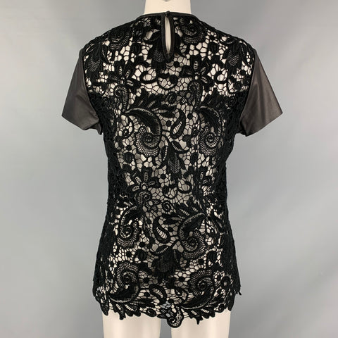 RALPH LAUREN Size 10 Black Guipure  Cotton Leather Trim Short Sleeve Dress Top