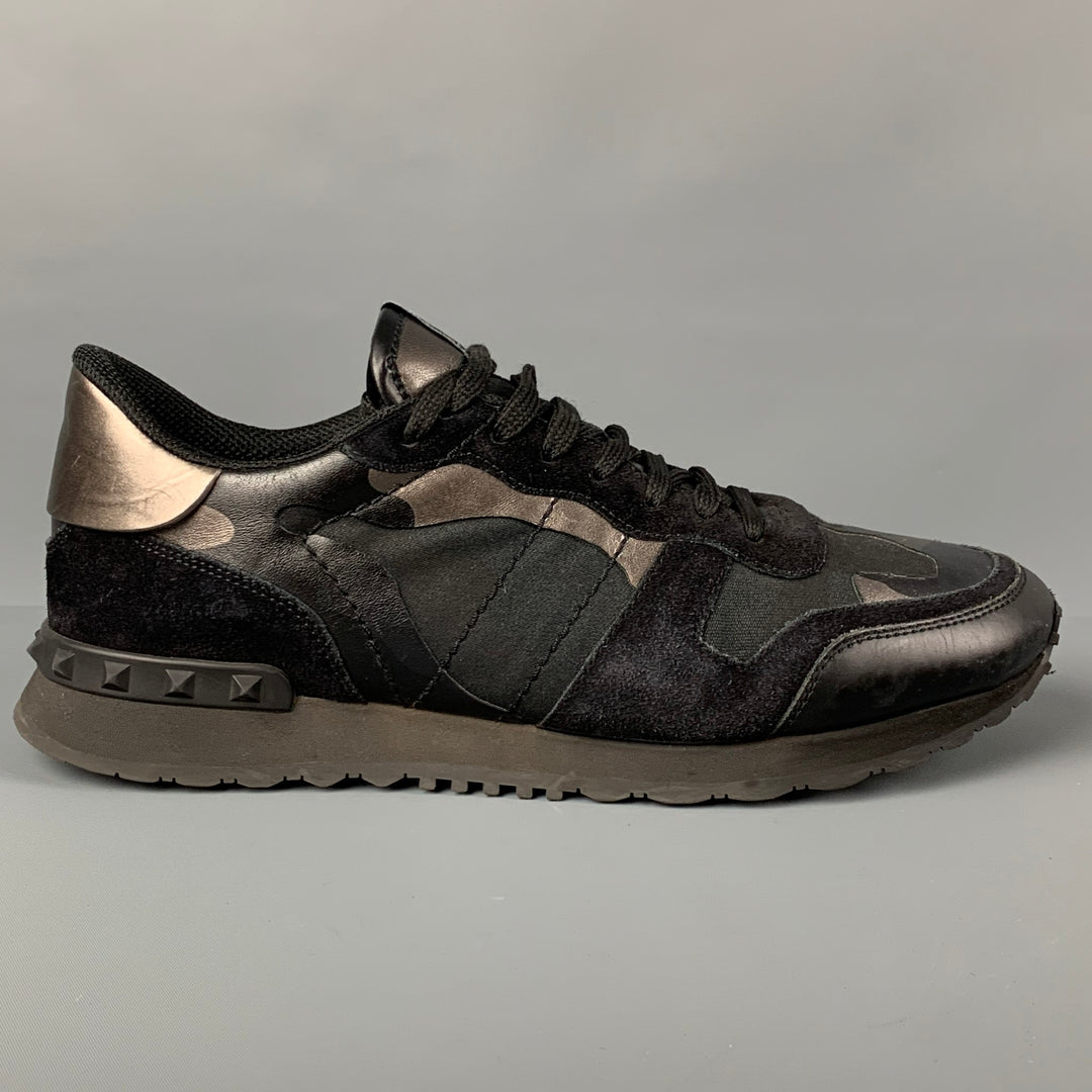 VALENTINO Zapatillas Rockrunner de cuero con camuflaje plateado y negro talla 10