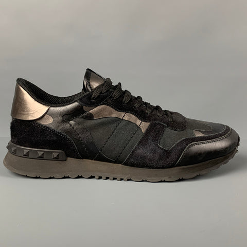 VALENTINO Size 10 Black Silver Camo Leather Rockrunner Sneakers