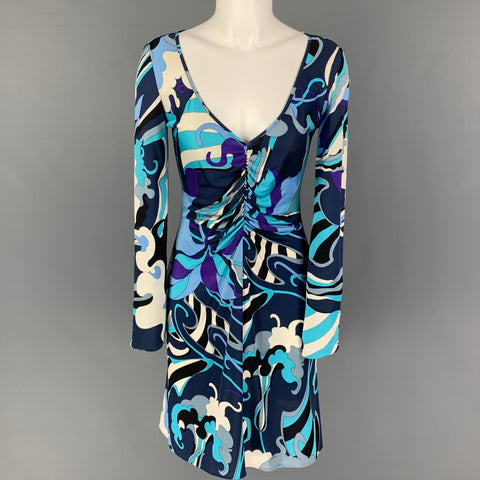 EMILIO PUCCI Size 8 Navy Purple Silk Abstract Ruched Dress