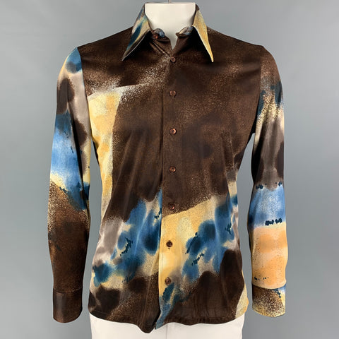 Vintage OLEG CASSINI Size L Brown Blue Marbled Nylon Long Sleeve Shirt