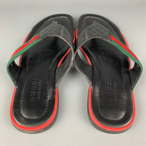 GUCCI Talla 9 Sandalias de dedo de cuero de tejidos mixtos en negro y rojo