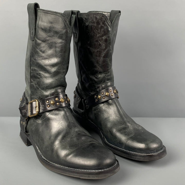 JOHN VARVATOS Size 9.5 Black Studded Leather Pull On Boots