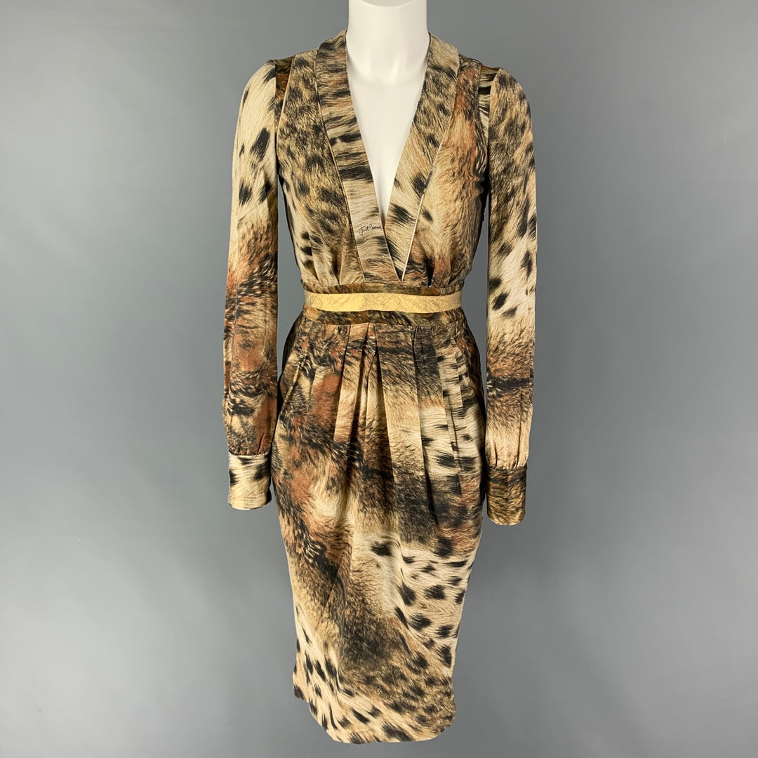 JUST CAVALLI Size 2 Beige Brown Viscose Blend Marbled Long Sleeve Dres Sui Generis Designer Consignment JUST CAVALLI Size 2 Beige Brown Viscose Blend Marbled Long Sleeve Dres Sui Generis Designer Consignment