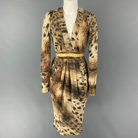JUST CAVALLI Taille 2 Robe à manches longues marbrée en mélange de viscose marron beige