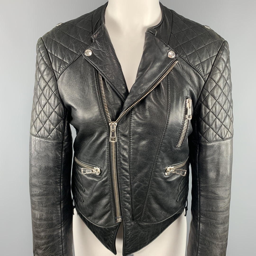 BALENCIAGA Size 8 Black Quilted Leather Biker Moto Jacket