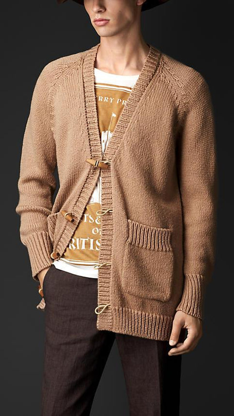 BURBERRY PRORSUM Spring 2015 Size M Tan Knitted Cashmere Blend Patch Pocket Cardigan Sweater