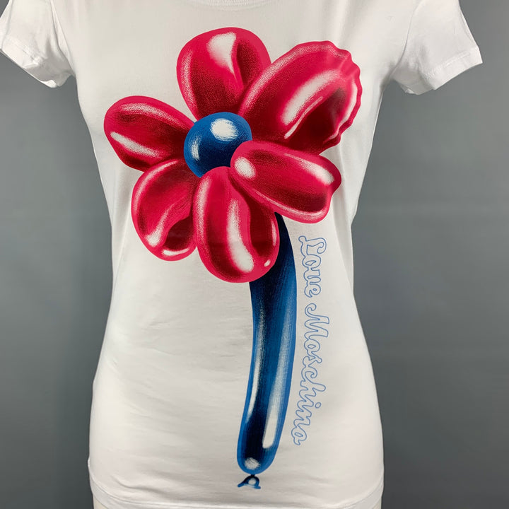 LOVE MOSCHINO Size 4 White Cotton / Elastane Fuchsia / Blue Flower Balloon Graphic T-Shirt