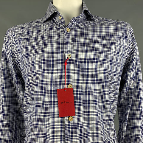 KITON Size XL Navy White Glenplaid Cotton Long Sleeve Shirt