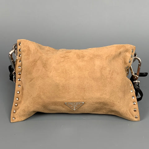 PRADA Beige & Silver Studded Suede Clutch Handbag