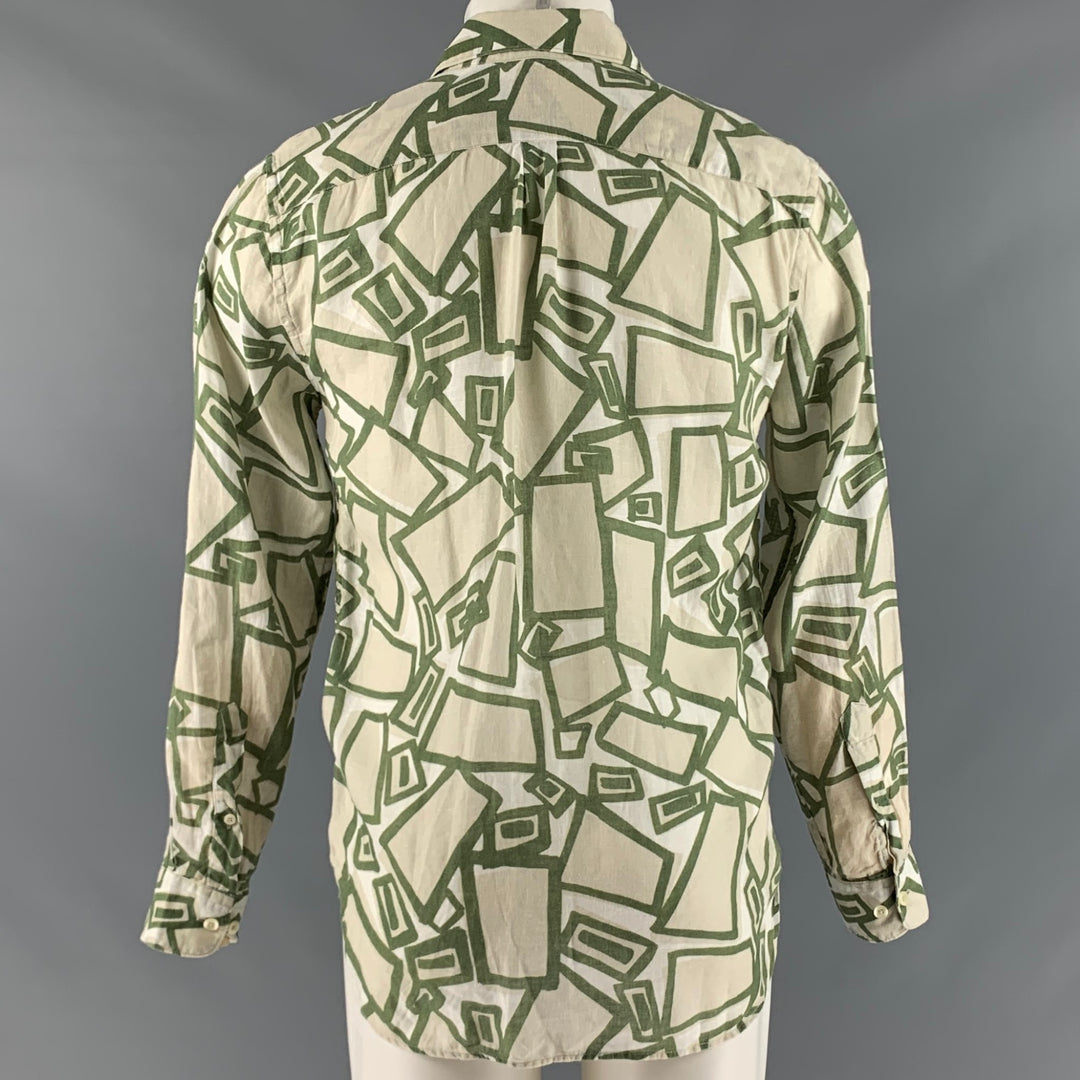 120% LINO Size S Green White Print Linen Button Up Long Sleeve Shirt