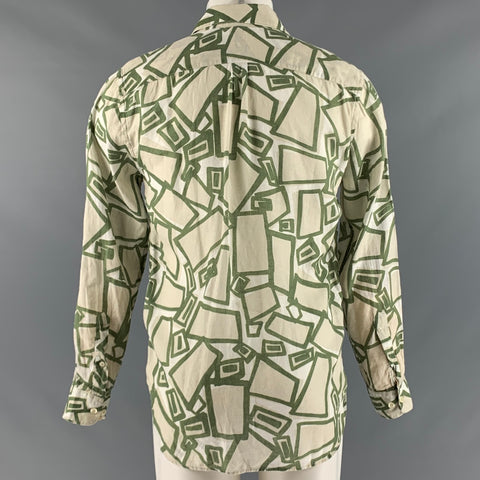 120% LINO Size S Green White Print Linen Button Up Long Sleeve Shirt