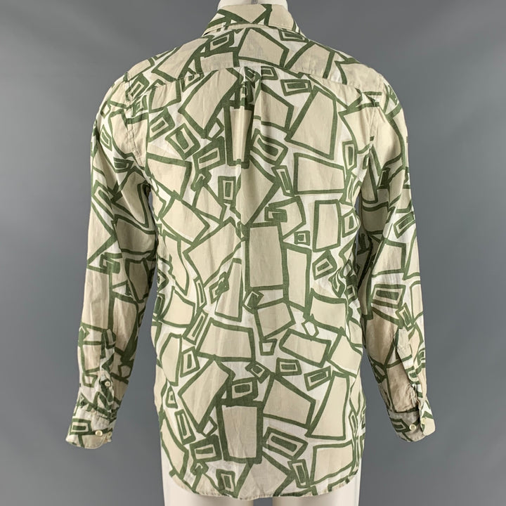120% LINO Size S Green White Print Linen Button Up Long Sleeve Shirt