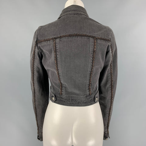 CHANEL 2008 Size 6 Charcoal Cotton Denim Chain Cropped Jacket