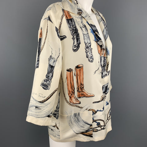 HERMES Size 6 Cream Silk Equestrian A PROPES DE BOTTES Print Blouse