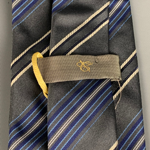 CANALI Grey Blue White Diagonal Stripe Silk Neck Tie