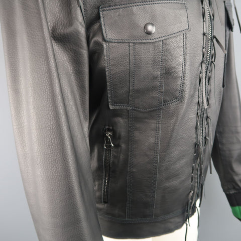 LANVIN US 42 / IT 52 Black Leather Fringe Trim Green Collar Bomber Jacket