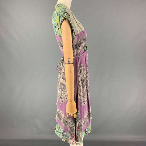 ETRO Size 4 Purple & Green Silk Mixed Patterns Sleeveless Dress