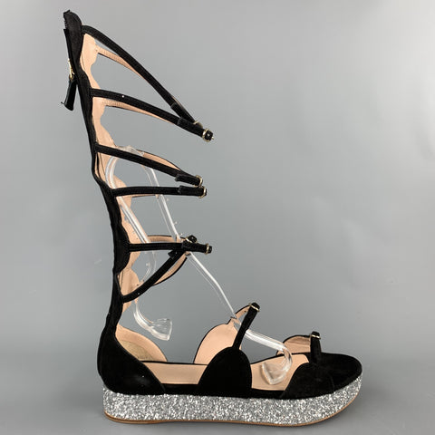 GIAMBATTISTA VALLI S/S 2016 Talla 8 Sandalias de gladiador con purpurina de ante negro