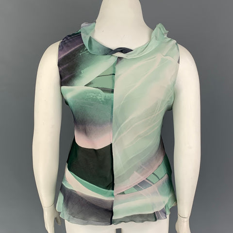ARMANI COLLEZIONI Size 8 Green Purple Silk Marbled Ruffle Top