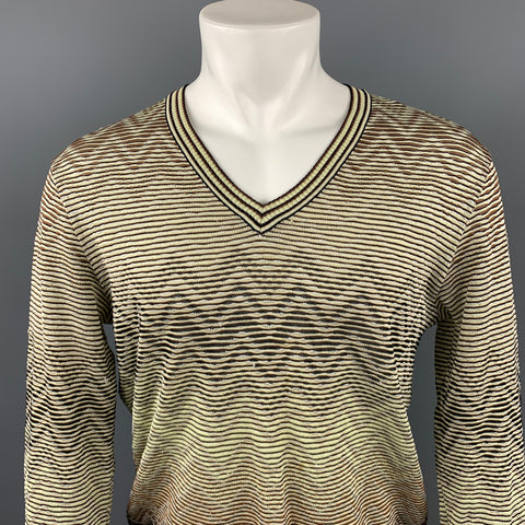 MISSONI Size L Beige & Brown Zig Zag Wool Blend V-Neck Sweater