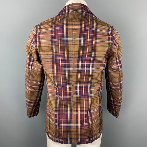 TOMORROWLAND Size 36 Brown & Burgundy Plaid Rayon Blend Sport Coat