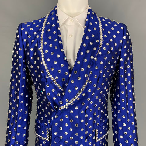 DOLCE & GABBANA Size 38 Royal Blue Crystal Silk Shawl Collar Sport Coat