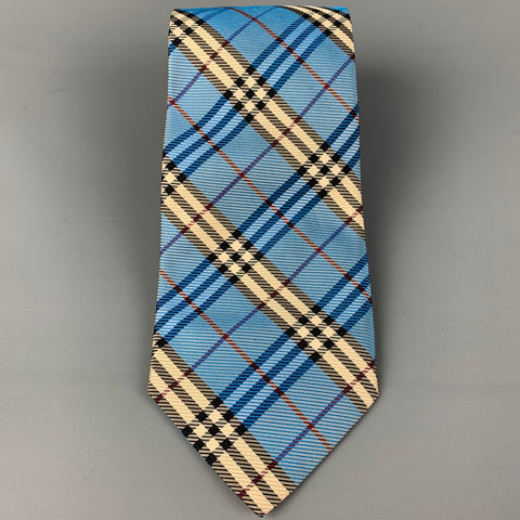 BURBERRY LONDON Light Blue Black White Plaid Silk Tie