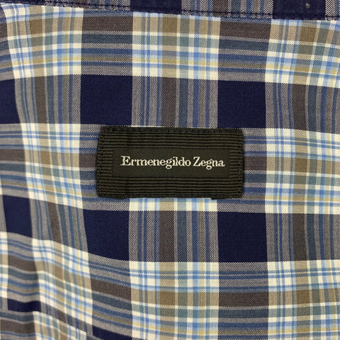 ERMENEGILDO ZEGNA Size XL Navy & White Plaid Cotton Long Sleeve Shirt