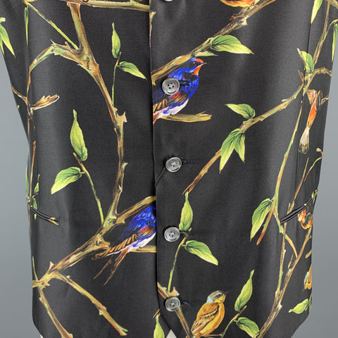 DOLCE &amp; GABBANA Taille 46 Gilet boutonné en soie imprimé oiseau noir
