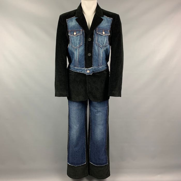 Vintage GAULTIER JEANS Size 40 Black Corduroy Denim Overlay Notch Lapel Suit