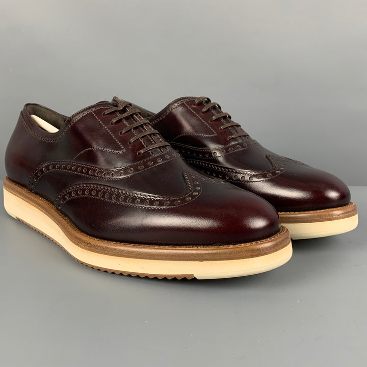 SALVATORE FERRAGAMO Size 7 Burgundy Perforated Leather Wingtip Lace Up Shoes