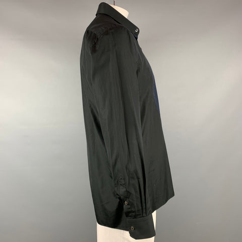 LANVIN Size L Black & Navy Cotton Hidden Buttons Long Sleeve Shirt