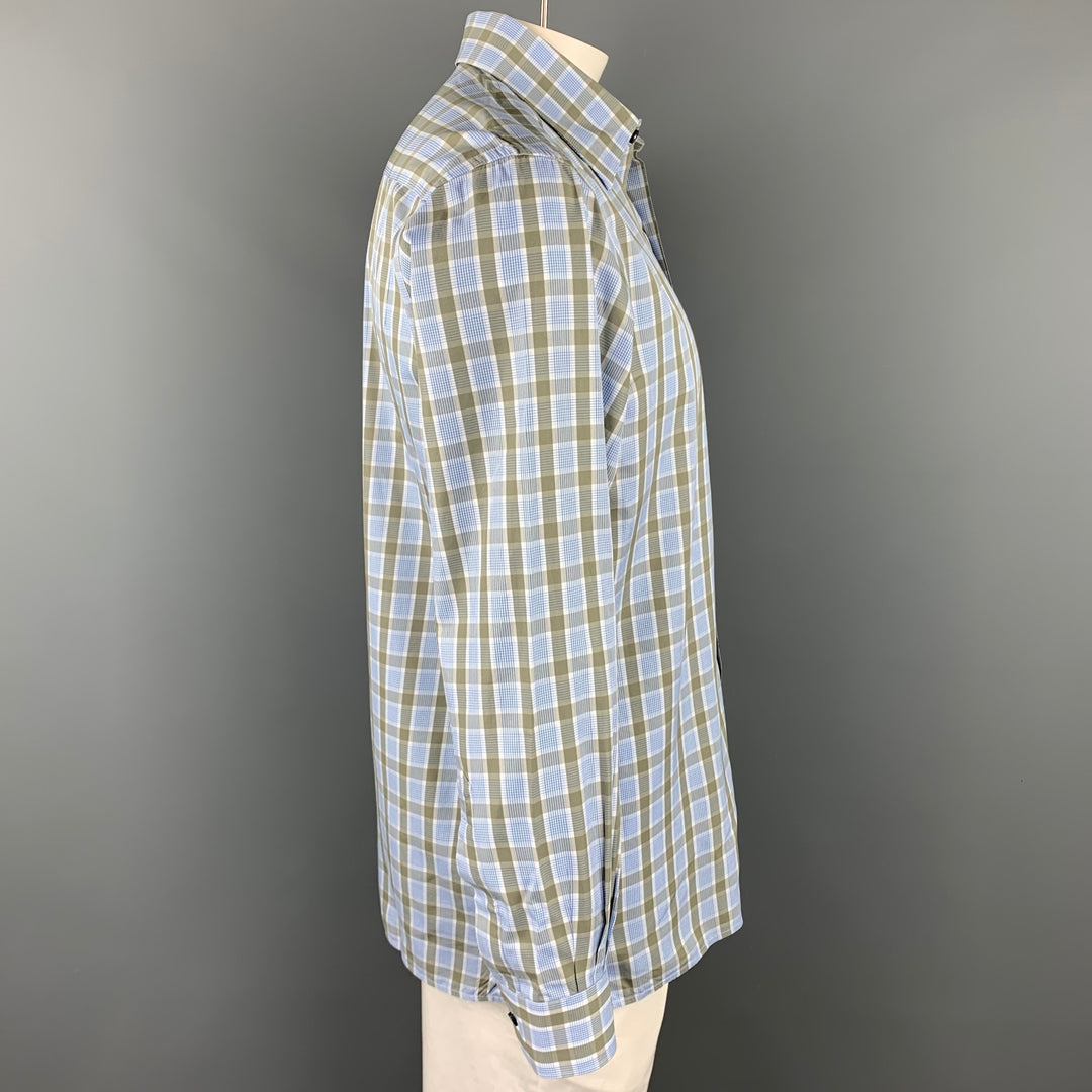 ERMENEGILDO ZEGNA Size L Blue & Olive Plaid Cotton Button Up Long Sleeve Shirt