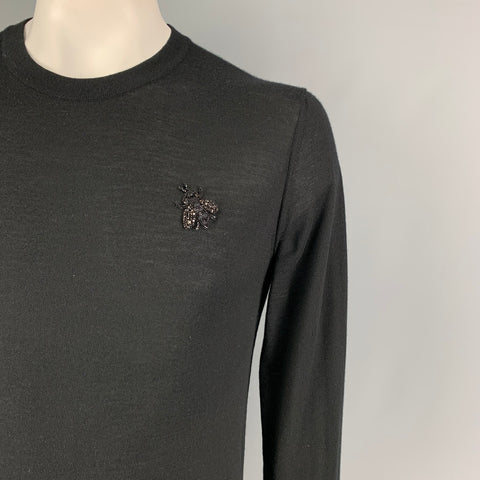 DOLCE & GABBANA Size M Black Applique Cashmere Crew-Neck Pullover
