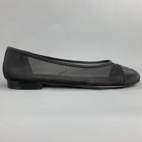 CHANEL Talla 11.5 Bailarinas CC con puntera de malla negra