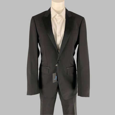 LANVIN Size 34 Black Solid Wool  Mohair Peak Lapel Tuxedo