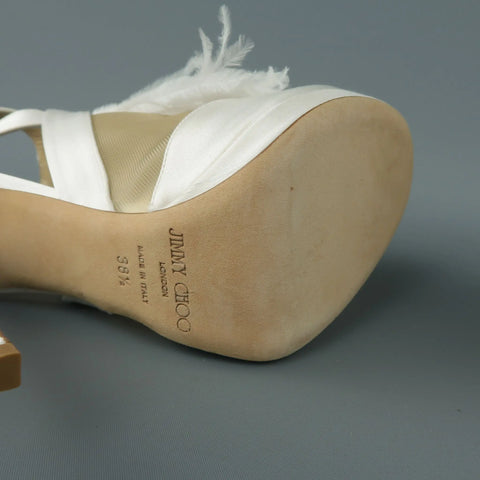 JIMMY CHOO US 8.5 / IT 38.5 White Silk / Leather Ostrich Feather Bridal Sandals JIMMY CHOO