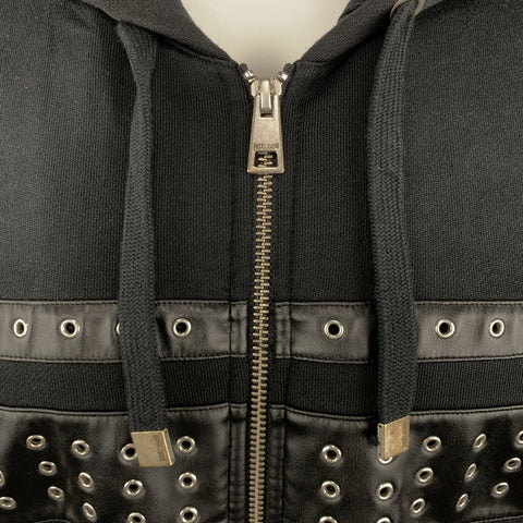 JUST CAVALLI Taille S Veste à capuche en coton noir avec œillets et bordure en cuir