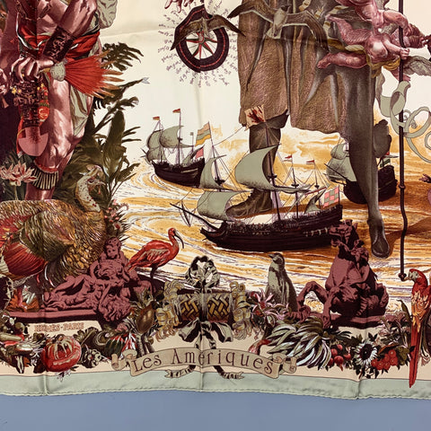 HERMES Brown Cream Taupe Silk Les Ameriques Scarf