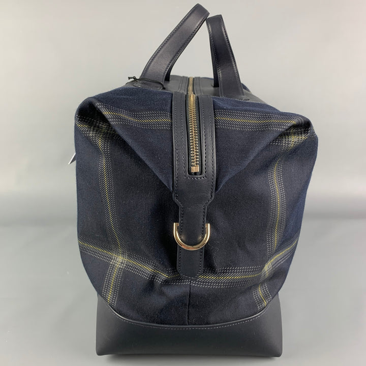 PAUL SMITH Navy Gold Plaid Leather Trim Canvas Weekender Bag