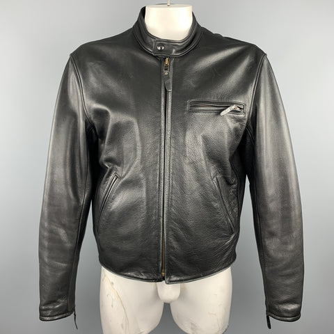LEATHER MAN Size 46 Black Leather Tab Collar Zip Biker Jacket