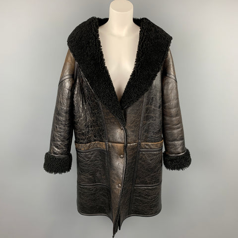 GOLDEN GOOSE Taille S Manteau surdimensionné à capuche en cuir craquelé marron foncé